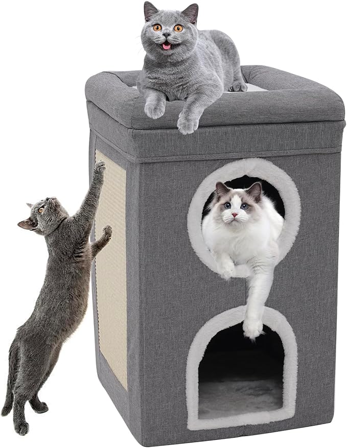 3-Level Cat House for Indoor, Covered Cat Condo with Scratch Pad and Hideaway Cave, Cat Bed &Furniture for Multi Pets and Large Cats, 15.3 * 15.3 * 26 inches,Grey