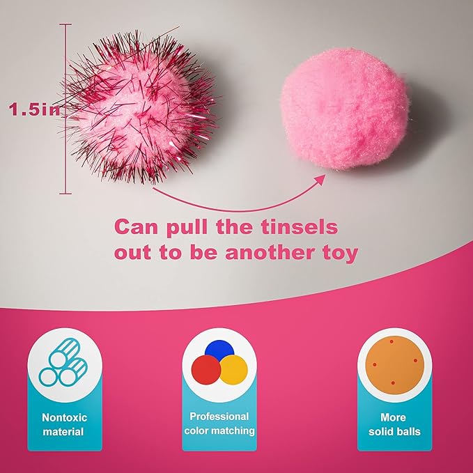 VAPKER 30 Piece 1.5" Pink Color Sparkle Balls Cat's Favorite Toy Tinsel Pom Poms Glitter
