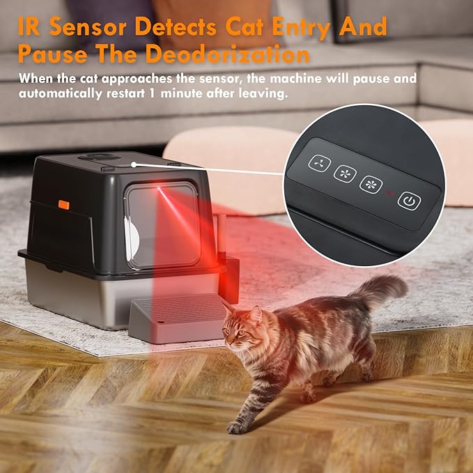 Smart Odor Control Stainless Steel Cat Litter Box with Lid, Smart Cat Litter Box with Infrared Sensor, Large Automatic Litter Boxs for Cats, 3 in 1 Design and 135° Flip-Top, Litter Scoop & Foot Pedal