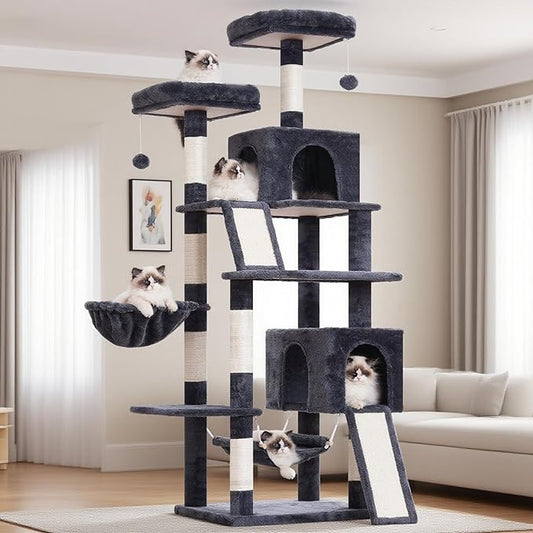 Cat Tree for Indoor Cats, 71'' (180cm) Multi-Level Cat Tower for Large Adult, Sturdy Cat Tree House with 2 Scratching Boards 7 Posts, 2 Plush Perches/Condos, Hammock, Smoky Gray GCT032G