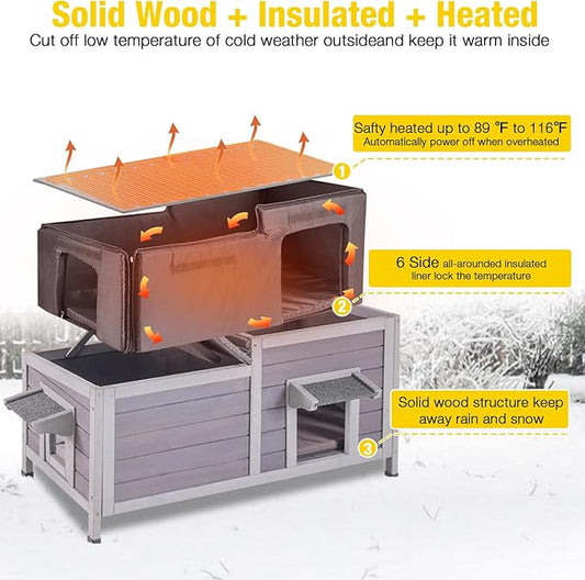 Aivituvin Heated Cat House for Outside Outdoor Cat House Weatherproof Insulated Feral Cat Shelter with Heater and Insulated Liner