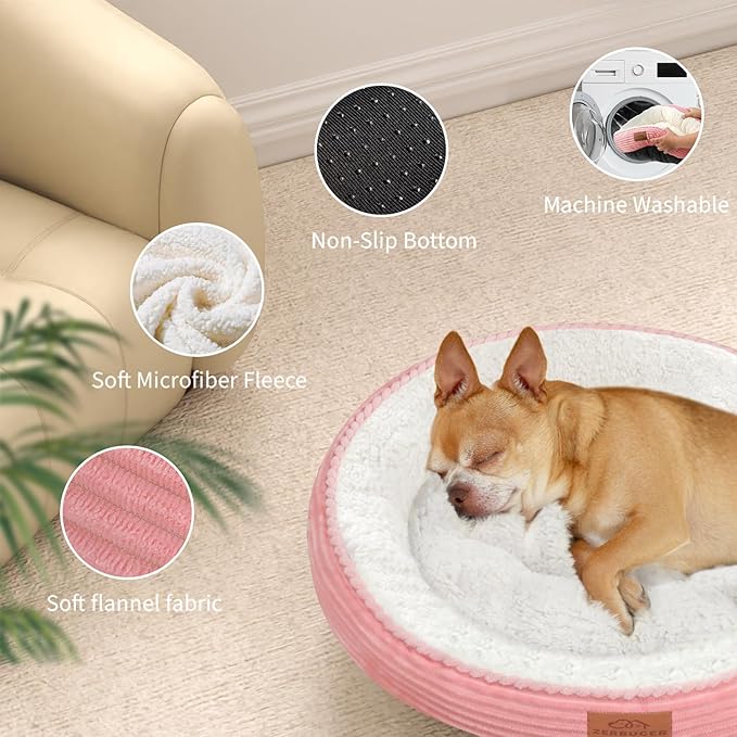 30in Round Dog Bed Sofa for Small/Medium/Large Dogs, Machine Washable Supportive Foam Pet Couch with Washable Removable Mat and Non-Slip Bottom, Pet Cuddler for Indoor/Outdoor/Car/Cage, Pink