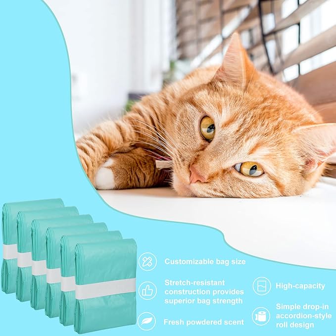 6 Count Cat Litter Pail Liner Refills - Bags Compatible with Litter Champ Pail, Green, Lightly Scented