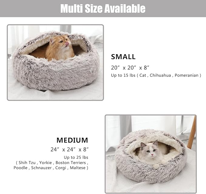 Calming Dog Beds & Cat Cave Bed with Hooded Cover,Removable Washable Round Beds for Small Medium Pets,Anti-Slip Faux Fur Fluffy Coved Bed for Improved Sleep,Fits up to 15/25 lbs (Small,20"x20")