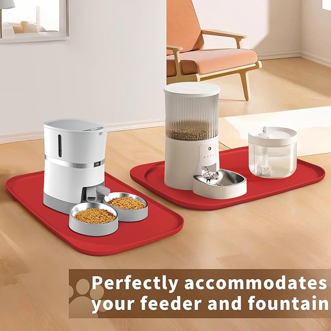 Silicone Pet Feeding Mat with Raised Edge & Residue Collection Pocket for Food and Water, Dog Bowl Mats, Cat Bowls Placemat with High Lip for Floor Waterproof, 24 x 16 x 0.8 Red