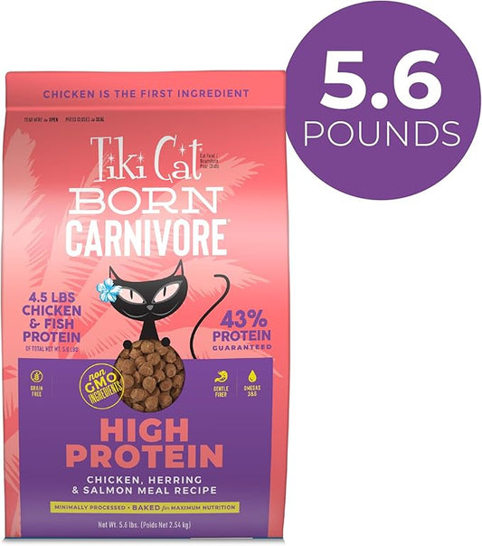 Tiki Cat Born Carnivore High Protein, Chicken, Herring & Salmon Meal, Grain-Free Baked Kibble to Maximize Nutrients, Dry Cat Food, 5.6 lbs. Bag