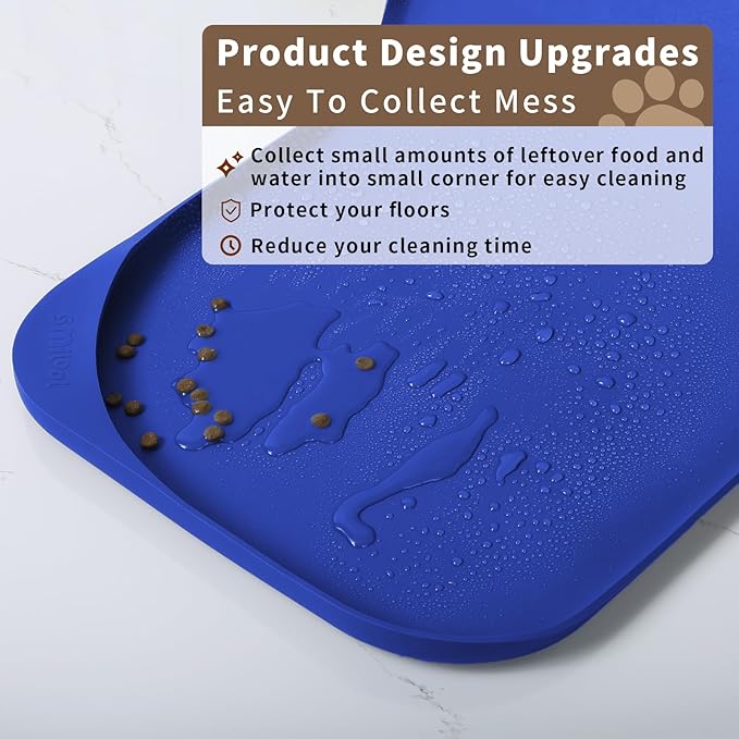Silicone Pet Feeding Mat with Raised Edge & Residue Collection Pocket for Food and Water, Dog Bowl Mats, Cat Bowls Placemat with High Lip for Floor Waterproof, 24 x 16 x 0.8 Navy Blue