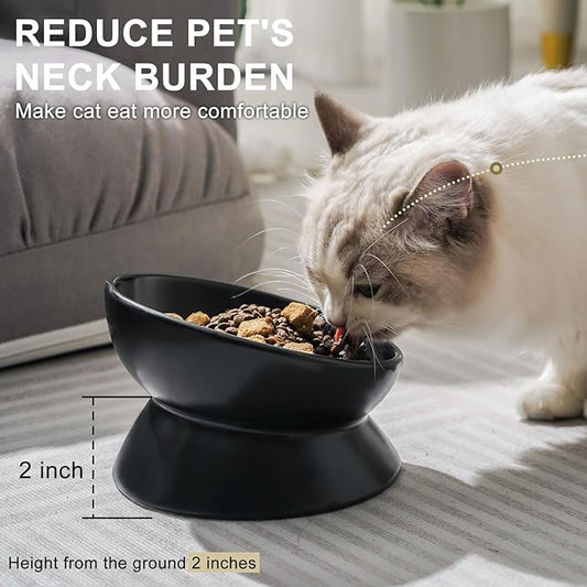YauYik Ceramic Raised Cat Bowl - Cat Food Bowl Elevated Tilted for Short Leg Cats and Small Dogs - 6 Inches Whisker Friendly Pet Bowl Dish, Reduce Neck Burden Feeding Bowl, Black, 10 Oz
