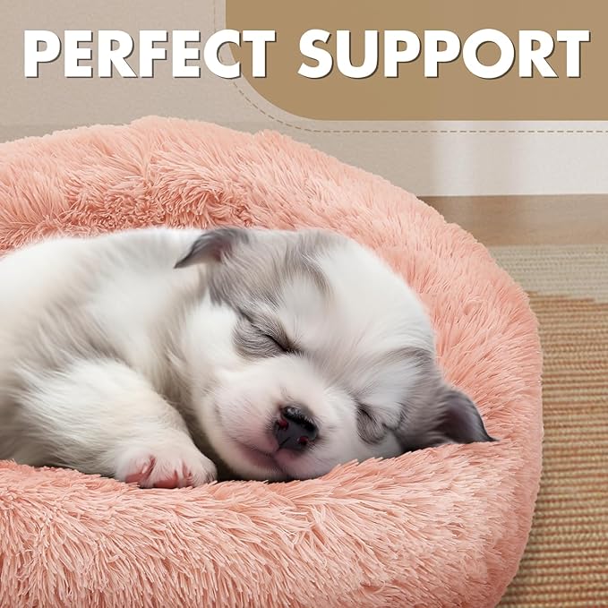 Athena Collection Washable Small Dog Bed, Cat Bed for Indoor Cats, 24 Inches Fluffy Faux Fur Round Pet Bed Calming Cozy Soft Warming Donut for Small Dog Puppy Kitten, Pink