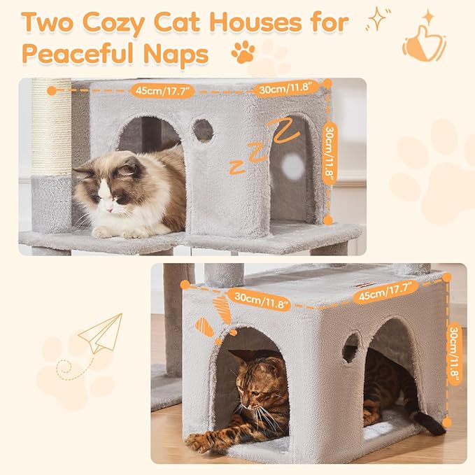 Taoqimiao 71 Inches Cat Tree for Indoor Cats Large Adult, Multi-Level Tall Cat Tower, 2 Cat Condo with 6 Scratching Posts, Super Large Hammcock, Cat Toys, Cozy Basket, Light Gray, MS037W