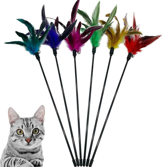 Cat Wand Toy Feather Stick Cat Toys, 6 Pieces Interactive Cat Toy Feathers Wand for Indoor Cats (A)