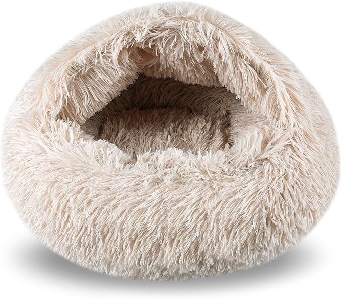 Cat Beds for Indoor Cats,Cat Cave for Puppy and Kitty,Calming Small Dog Bed for Small Dogs with Cover Cave,Cozy Warming Fluffy Washable Anti-Slip Pet Sleeping Bag(20 * 20inch,Beige)