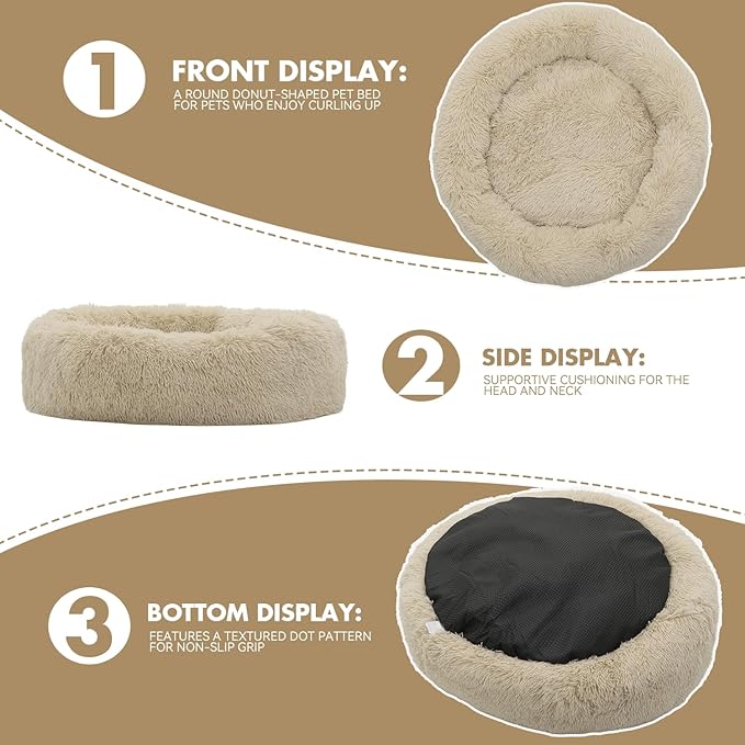 Athena Collection Washable Dog Bed Large Size Dog, Cat Bed for Indoor Cats, 36 Inches Fluffy Faux Fur Round Pet Bed Calming Cozy Soft Warming Donut for Large Size Pet, Beige