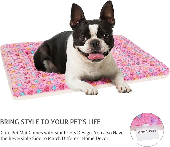 Mora Pets Dog Bed Crate Pad Ultra Soft Pet Bed with Cute Star Print Washable Crate Mat for Large Medium Small Dogs Reversible Fleece Dog Crate Kennel Mat Cat Bed Liner 23 x 18 inch Pink