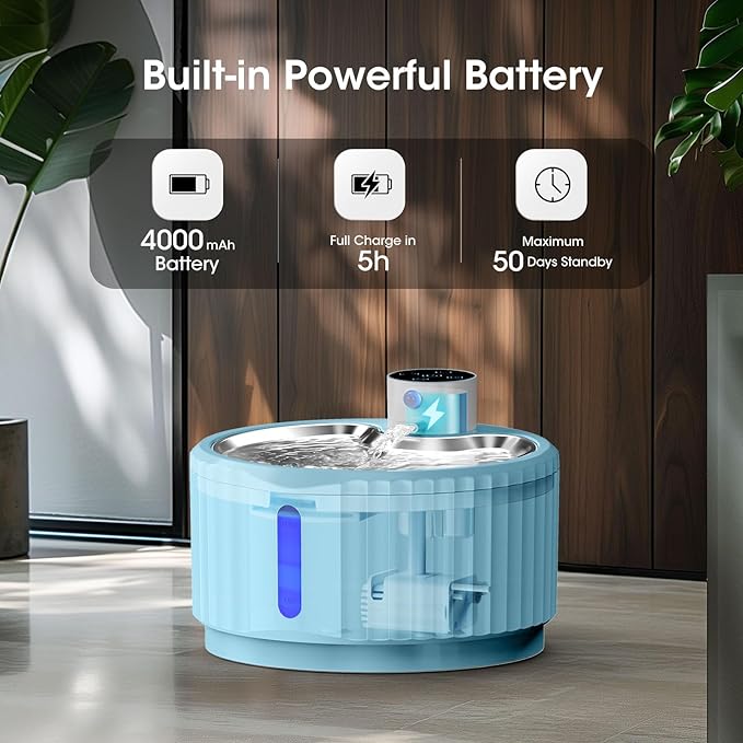 Wireless Cat Water Fountain, 94 oz/2.8 L Battery Operated Pet Water Fountain for Cats Inside, Automatic Dog Water Fountain with Stainless Steel Tray, Motion Sensor, Quiet Pump (Blue)
