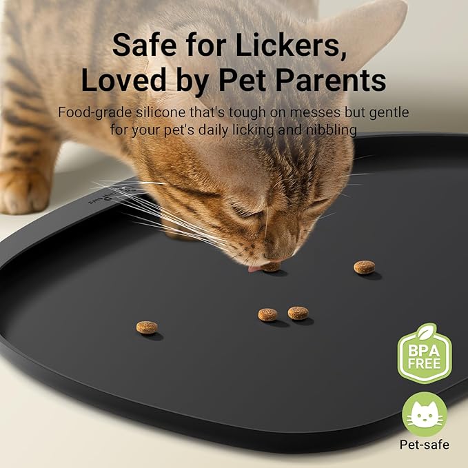 DownyPaws Dog Food Mats for Floors Waterproof, BPA Free Silcone Dog Bowl Mat, Non-Slip Pet Feeding Mat with High Raised Edge, Cat Placemat for Messy Drinkers, 18"×12.5", Black