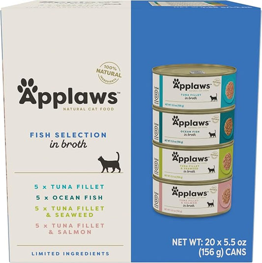 Applaws Natural Wet Cat Food in Broth, Limited Ingredient Canned Wet Cat Food, No Additives, Made with Natural Ingredients, Fish Selection in Broth Cans (20 x 5.5 oz Cans)