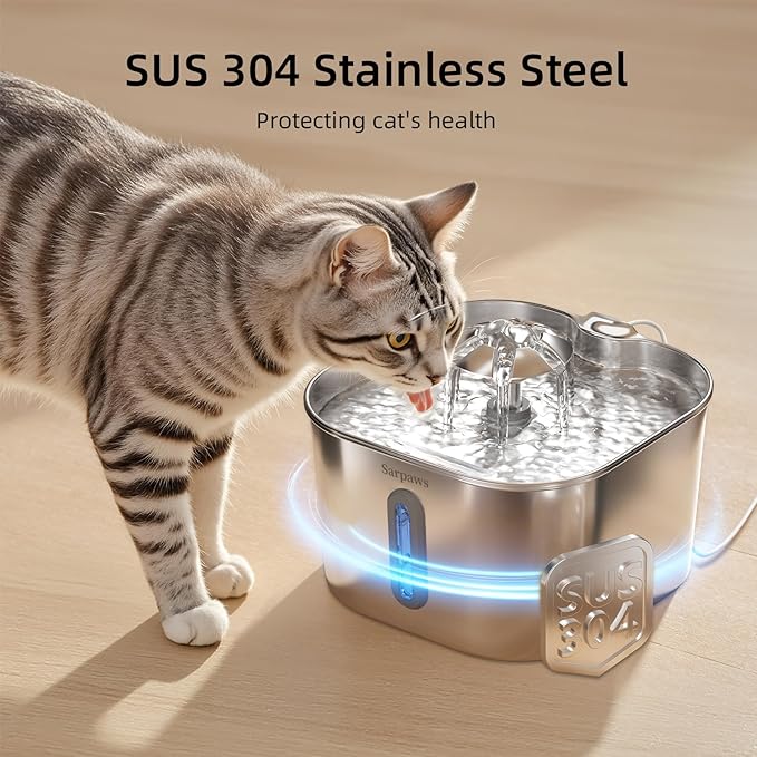 Cat Water Fountain Stainless Steel:74oz/2.2L Water Fountains for Cats Indoor, Cat Fountains for Drinking, Ultra-Quiet, Water Level Window, Pet Water Fountain - 6 Filters + 3 Sponges