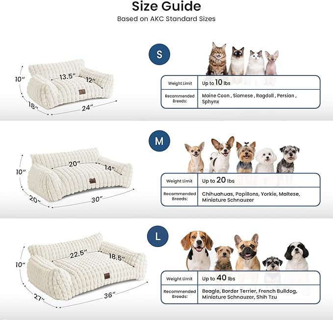 Cute Small & Medium Dog Couch Bed – Supportive & Fluffy Pet Sofa with Faux Rabbit Fur Washable Cover in 3D Diamond Pattern, 36" Off White
