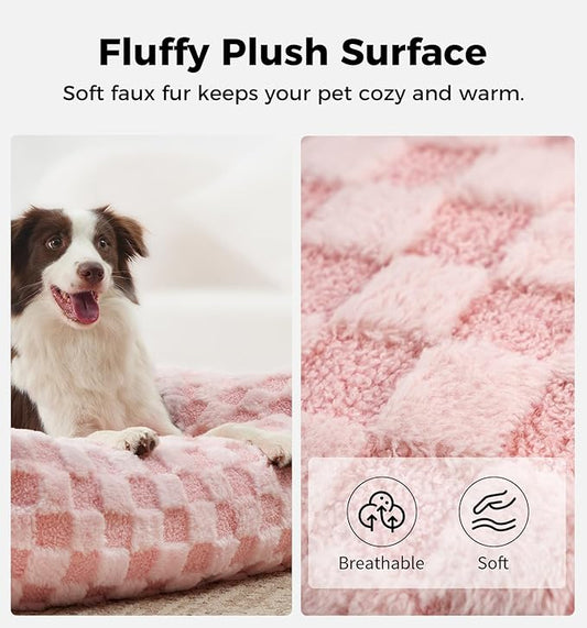 Made4Pets Cat and Dog Couch Bed, Soft Faux Fur Checkered Pet Sofa, Cozy Fluffy Pet Sofa with Supportive Foam, Removable Washable Cover with Non-Slip Base, Pink, Medium