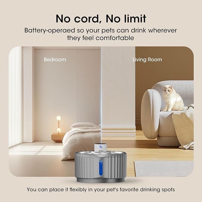 Wireless Cat Water Fountain, 95 oz/2.8 L Battery Operated Pet Water Fountain for Cats Inside, Automatic Dog Water Fountain with Stainless Steel Tray, Motion Sensor, Quiet Pump (Grey)