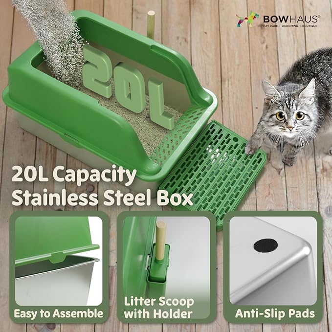 XL Enclosed Stainless Steel Cat Litter Box with Lid, High Sided Metal Litter Box w/Scoop, Enclosed Extra Large Metal Litter Box, Odorless Steel Litter Pan, Anti-Leakage & Easy Clean, Green