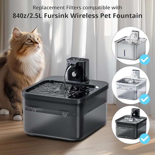 Cat Triple Filtration Fountain Filter Replacement - 6 Packs (6 Filters & 6 Sponges) for 84oz/2.5L Wireless Pet Water Fountain