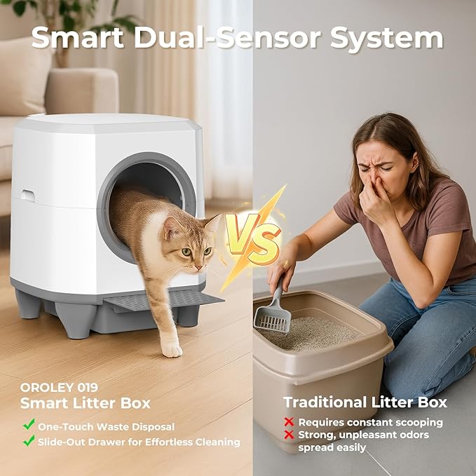 Self Cleaning Litter Box, Large Capacity Automatic Cat Litter Box with APP Control, Safety Sensors, Built-in Deodorizing Scent Box, and 1 Roll Garbage Bags ,White