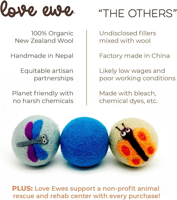Wool Felt Balls 3 Pack Love Ewe Pet Supplies - 2 in Felted Wool Cat Toys 100% New Zealand Wools Felt Cat Toys Handmade Wools Felts Balls - Cats Felts Ball, Colorful Ball - Dragonfly and Butterfly