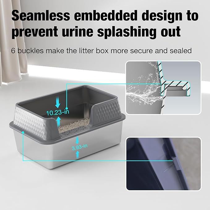 Suhaco Stainless Steel Litter Box Side Entry, Kitty Litter Mat and White Scoop Included Covered Metal High Sided Extra Large Cat Litter Box with Lid Removable Enclosure for Medium Cats (Tall Grey)