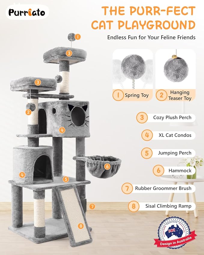 66in Multi-Level Large Cat Tree Tower for Indoor Cat/Kitties, Mordern Cat Tower with Sisal Scratching Posts, Condos and Hammock, Perches, Ramp for Climbing Heavy Duty