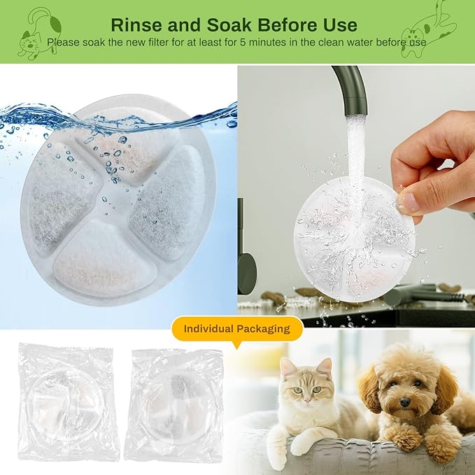 5 Pack Cat Fountain Filter Replacement for Round 2.2L/73oz Automatic Pet Water Fountain, Stainless Steel Cat Water Fountain Filters, Triple Filtration System, Activated Carbon Filters