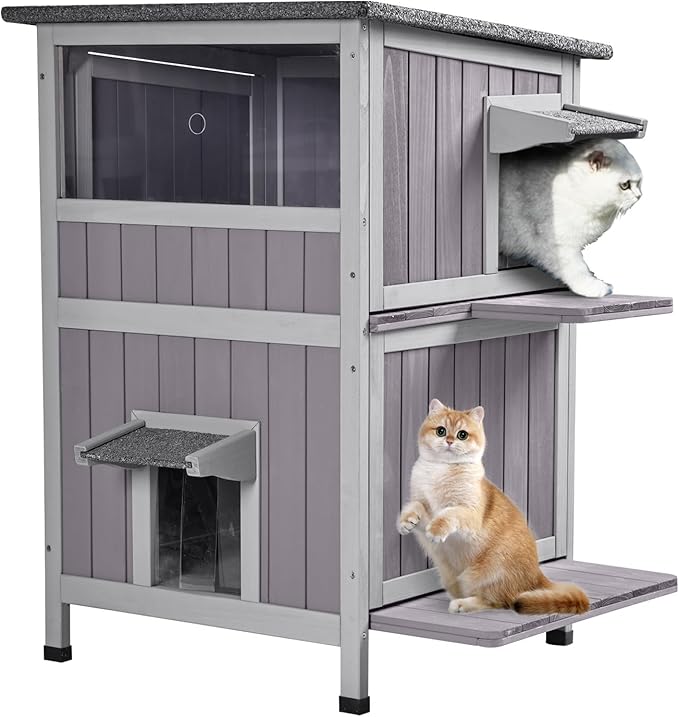 GUTINNEEN Outdoor Cat House Weatherproof with 2 Escape Doors and Window, 2-Storys Wooden Feral Cat Shelter with Asphalt Roof and Removable Floors, Cat Condo with 2 Large Side Doors for Easy to Clean