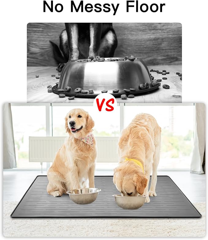 32" x 24" Large Pet Food Mat, Silicone Dog Mats for Food and Water, Nonslip Pet Feeding Mats for Floors,Dog Cat Bowl Mat with Raised Edges, Gray Blue