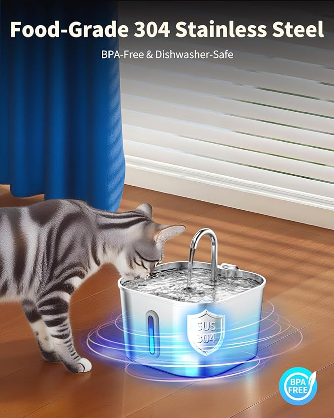 Cat Water Fountain Stainless Steel, 74oz/2.2L Automatic Cat Drinking Fountain, Pet Water Dispenser with Quiet Pump, Suitable for Cats, Dogs and Multi-pet households