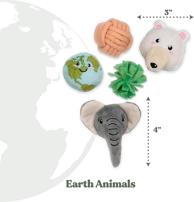 Global Collection Cat Toys | Earth Animals Mixed Bundle | Value 5-Pack for Indoor Cats | Cute Interactive Plush Toys | Eco-Friendly & 100% Recycled Materials