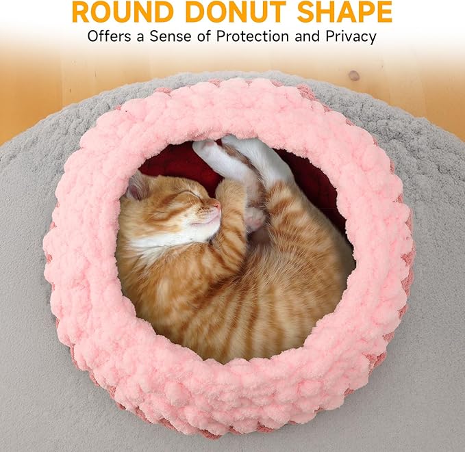 Ombre Gradient Round Cat Bed for Indoor Cats, Chunky Knit Washable & Plush Pet Bed, Cozy Nest with Non-Slip Bottom for Small Medium Cats