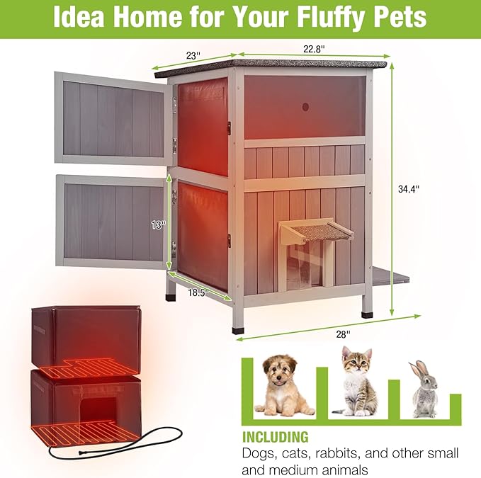 Heated Outdoor Cat House Insulated Weatherproof Kitten Shelter with Heating Pad and Insulated Liner, 2-Story Feral Cat House for Outside, Kitty Condo with 2 Escape Doors, Upgrade Anti-Bite Cable