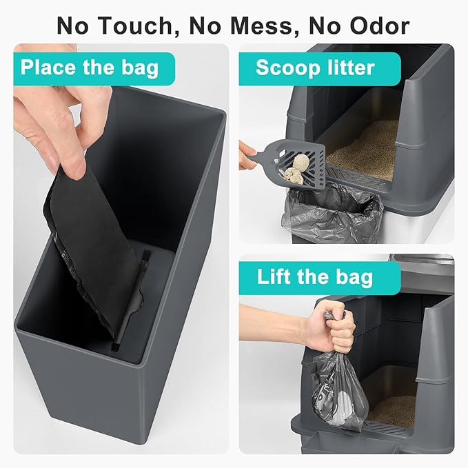 Enclosed Stainless Steel Cat Litter Box with Lid, FILP-Top High Sided Enclosure Metal Litter Boxes with Scoop Set for Big Cats, Non-Sticky, Anti-Leakage, Easy Cleaning,Transparent Grey