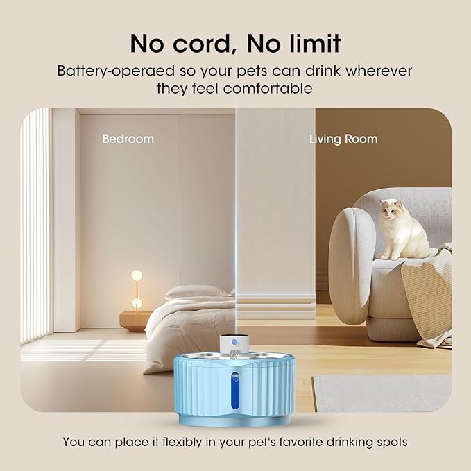 Wireless Cat Water Fountain, 94 oz/2.8 L Battery Operated Pet Water Fountain for Cats Inside, Automatic Dog Water Fountain with Stainless Steel Tray, Motion Sensor, Quiet Pump (Blue)