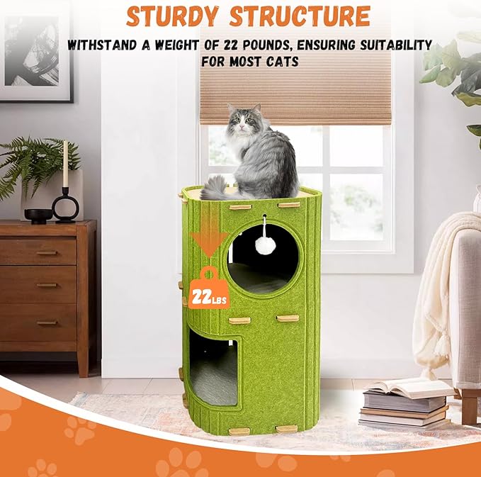Homegroove Cat House for Indoor Cats, 2-Storey Cozy Felt Cat Bed Cave with Tunnel Hideaway, Large Multi-Cat Condo for Rest & Play (Green, Large)