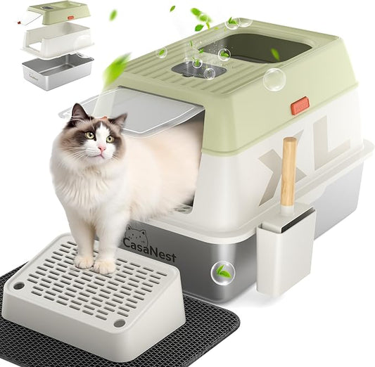 XL Extra Large Stainless Steel Cat Litter Box with Lid, 3-in-1 Enclosed/Open, Durable Metal Litter Box for Big, Multi Cats, Non-Stick, Odor Control, Easy Cleaning, Durable ABS Lid, Green