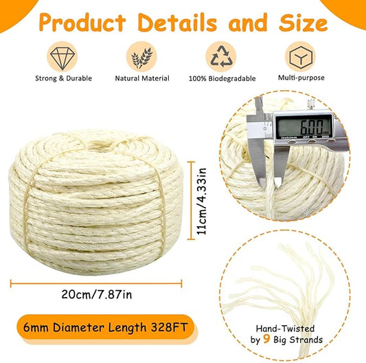 Sisal Rope for Cat Scratcher 1/4" Diameter 328 FT Cat Natural Sisal Rope for Repairing Cat Scratching Post Cat Tower Repair Rope Cat Tree Rope Replace Recovering and DIY