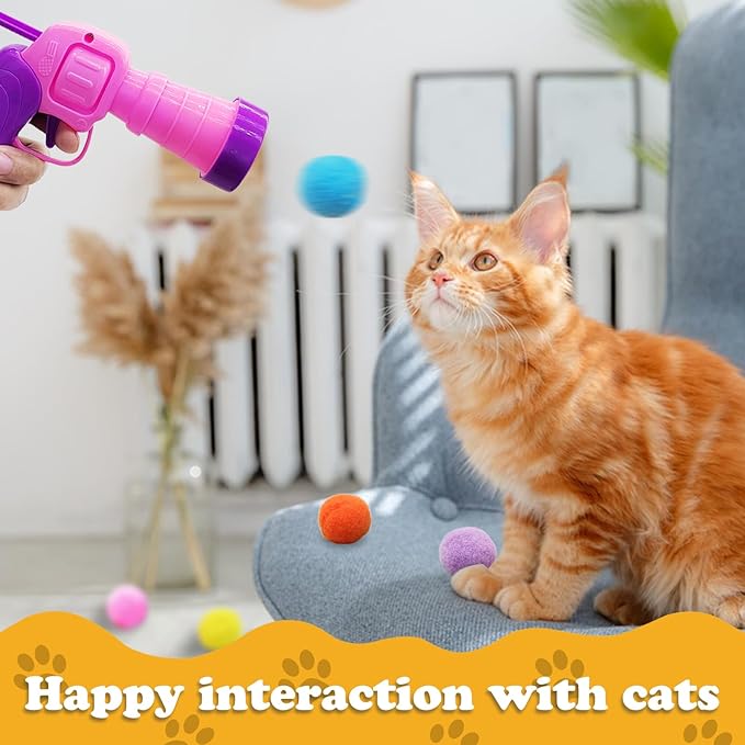 Andiker Plush Pom Pom Balls Set - Interactive Cat Toy (30pcs - Pink: 100balls, Launcher Set)
