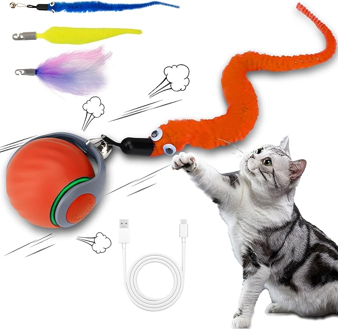 Vrurc Interactive Cat Toy Ball-Speedy with Feather & 3 Tails,Motion Activated Auto Roll,2 Speeds Rechargeable,Indoor Cat Stimulation, Enrichment,Keeps Busy,Durable (Orange)