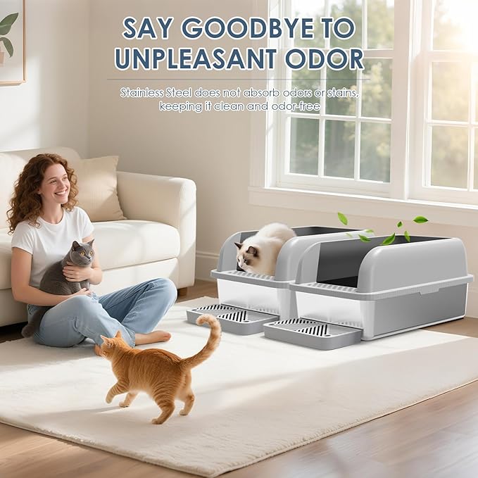 2 Pack XL Stainless Steel Litter Box Enclosure with Lid, Stainless Steel Cat Litter Pan for Big Cats, Large Metal Litter Box with Anti-Leakage High Wall, Non-Sticky Easy Cleaning Cat Litter Tray