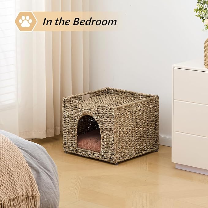 Cat Houses for Indoor Cats, Handwoven Natural Seagrass Cat Cave Pet Cube,Foldable Pet Cat House, Cat Beds with Double-Sided Mat, Hideaway, in Living Room Bedroom