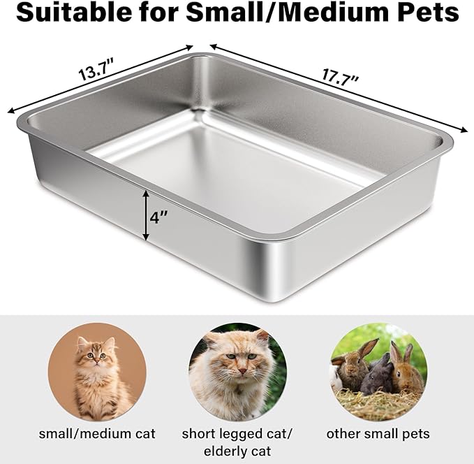 Stainless Steel Litter Box,Small to Medium Litter Box for Kitten 17.7" x 13.7" x 4",Easy Clean Non Stick Easy Entry No Smell Metal Litterbox for Kitty Senior Cat/Rabbits
