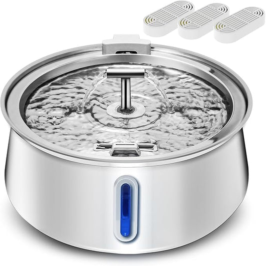 Cat Water Fountain Stainless Steel, 1.05gal/135oz Pet Water Fountain with Water Level Indicator and 2-Way Spout, Cat Fountain with Quiet Pump and 3 Filters Ideal for Cats and Dogs