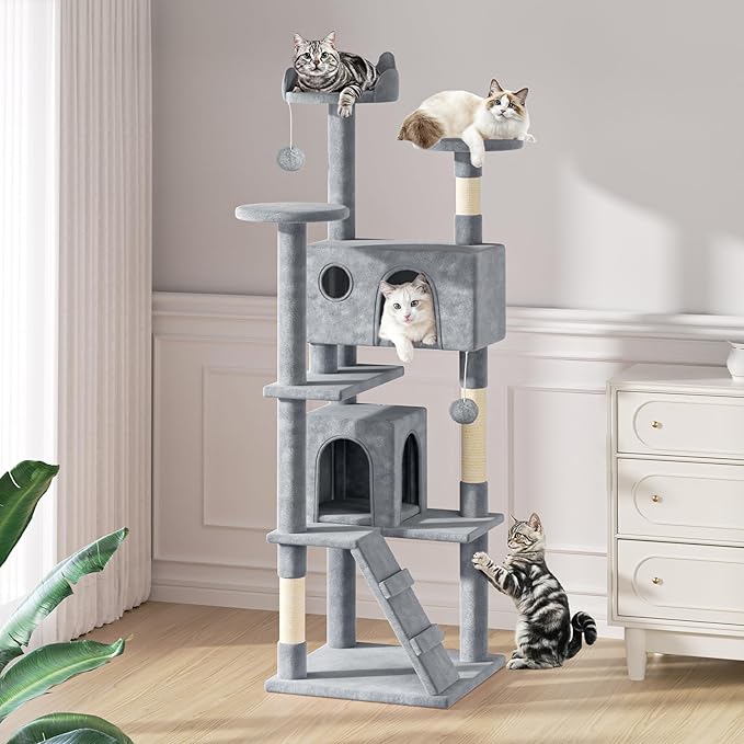 MoNiBloom Cat Tree, 77 Inch Cat Tree Tower with 2 Condo, Tall Cat Tower with Scratching Post, Cat Climbing Tower, Cat Tree for Indoor Cats, Light Grey